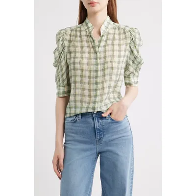FRAME FRAME Gillian Check Print Silk Top in Jade Green Multi — Women Spring khaki Tops