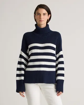 Quince Quince | Women's Split Hem Turtleneck Sweater in Navy/White — Women Winter navy Sweaters & Knits