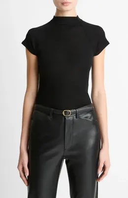 Vince Vince Wool Raglan Cap-Sleeve Mock-Neck Top in Black — Women Winter black Tops