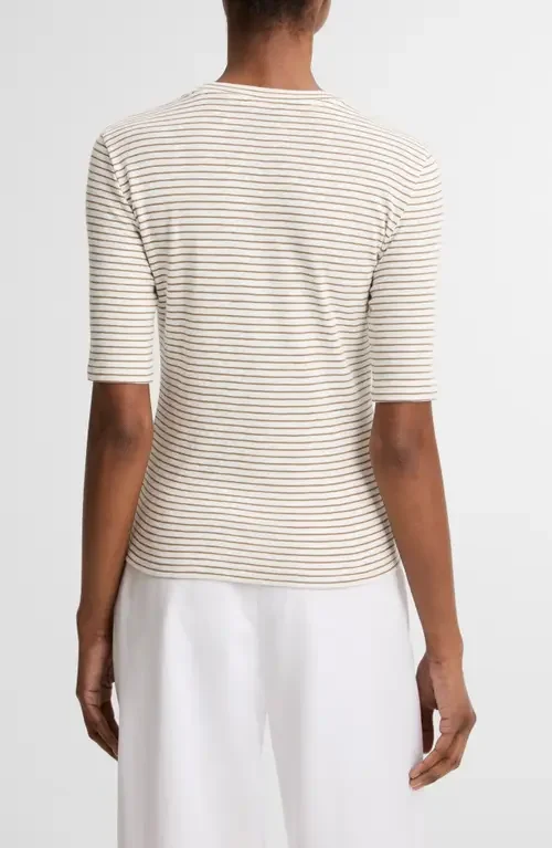 Vince Vince Stripe Elbow Sleeve Cotton Blend Knit Top in Tapenade Combo — Women Summer khaki Tops