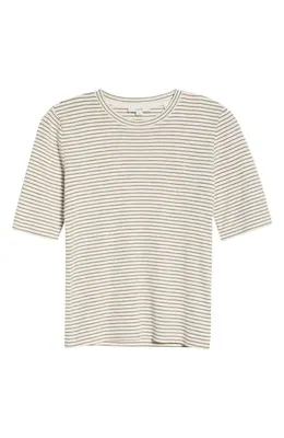 Vince Vince Stripe Elbow Sleeve Cotton Blend Knit Top in Tapenade Combo — Women Summer khaki Tops