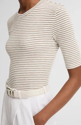 Vince Vince Stripe Elbow Sleeve Cotton Blend Knit Top in Tapenade Combo — Women Summer khaki Tops