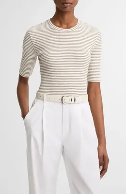 Vince Vince Stripe Elbow Sleeve Cotton Blend Knit Top in Tapenade Combo — Women Summer khaki Tops