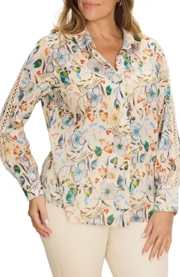 NIC+ZOE NIC+ZOE Pressed Flowers Woven Cotton Shirt in Neutral Multi — Women Spring white Tops