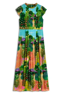 Boden Boden Ruffle Pleated Maxi Dress in Garden Print — Women Spring green Dresses