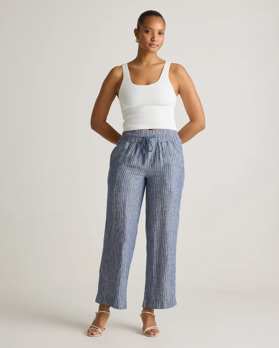 Quince Quince | Women's 100% European Linen Wide Leg Pants in Chambray Stripe — Women Summer grey Trousers & Chinos