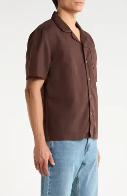 AG AG Foster Linen & Cotton Camp Shirt in Oak Barrel — Men Autumn chocolate Button-Down Shirts