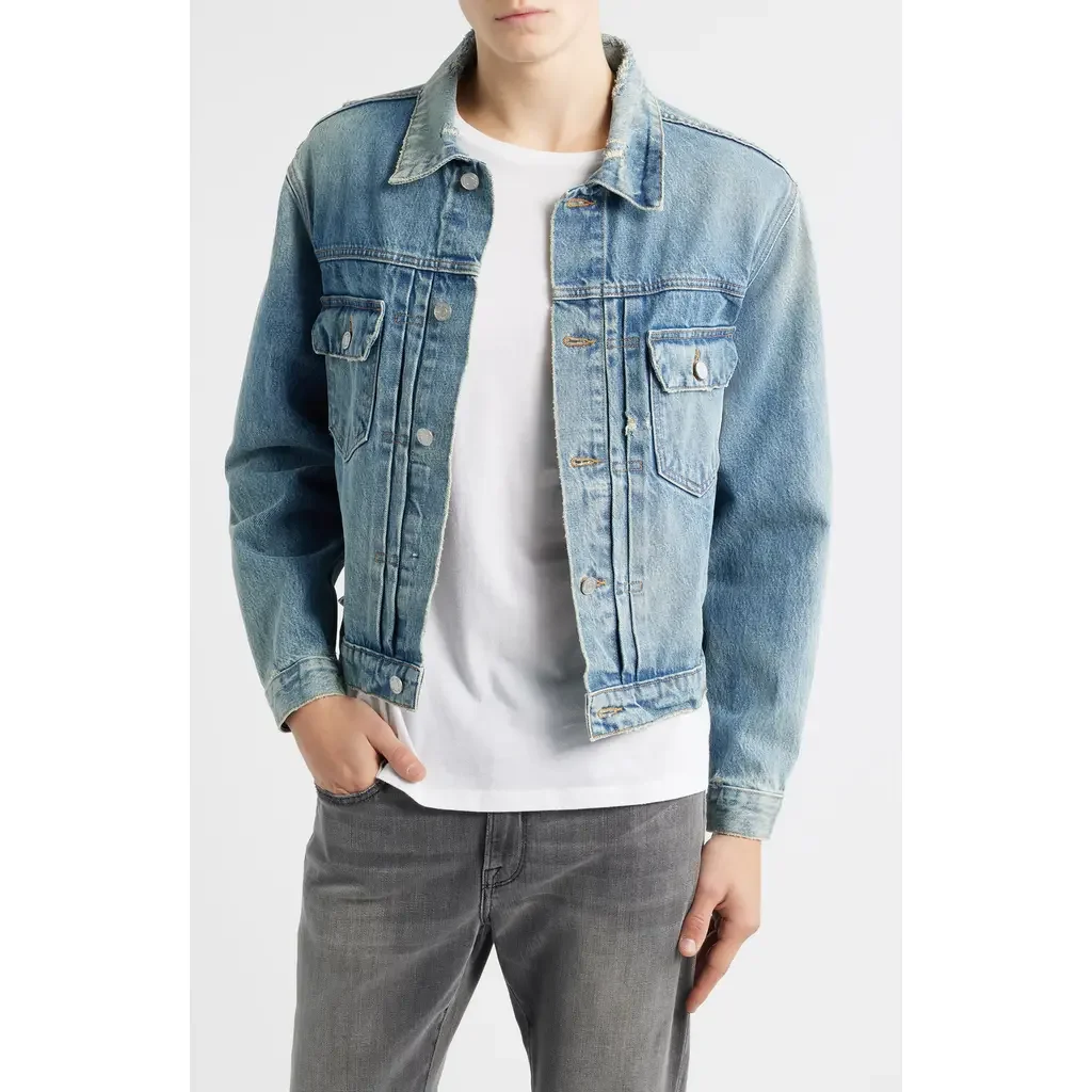 FRAME FRAME Distressed Denim Jacket in Shortstop — Men Summer grey Outerwear