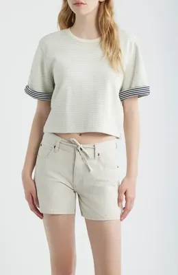 FRAME FRAME The Stripe Cuff Cotton Blend crop T-Shirt in Cream Multi — Women Spring white Tops