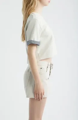 FRAME FRAME The Stripe Cuff Cotton Blend crop T-Shirt in Cream Multi — Women Spring white Tops