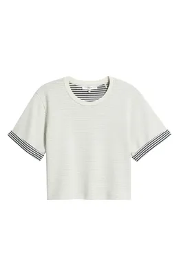 FRAME FRAME The Stripe Cuff Cotton Blend crop T-Shirt in Cream Multi — Women Spring white Tops