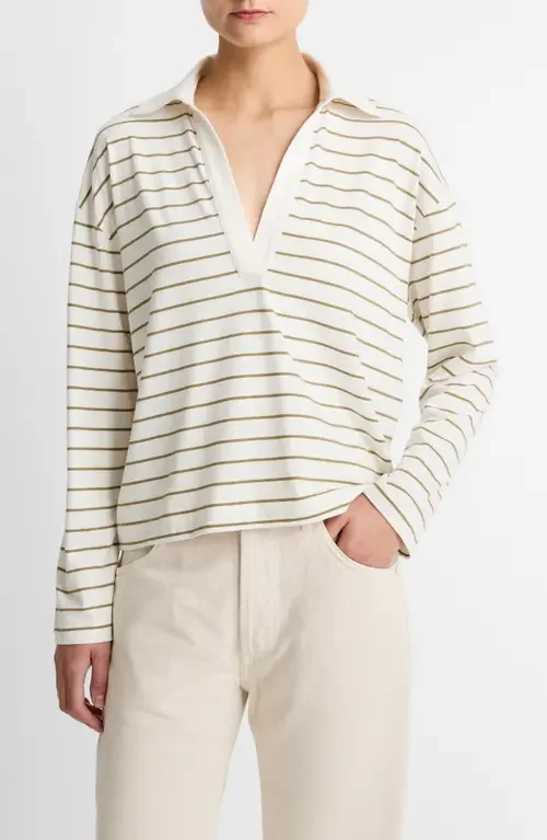 Vince Vince Stripe Johnny Collar Polo in Olive Stone Combo — Women Autumn white Tops