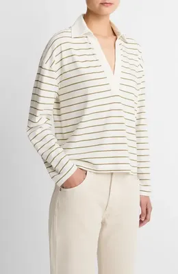 Vince Vince Stripe Johnny Collar Polo in Olive Stone Combo — Women Autumn white Tops