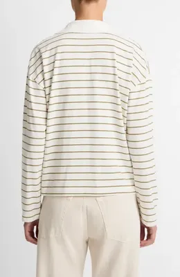 Vince Vince Stripe Johnny Collar Polo in Olive Stone Combo — Women Autumn white Tops