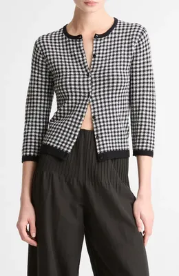 Vince Vince Gingham Check Wool & Cotton Blend Cardigan in Black/Off White — Women Winter white Tops