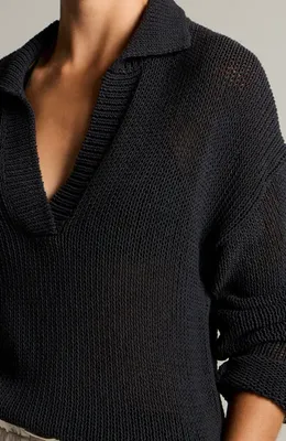 Vince Vince Coated Cotton Blend Polo Sweater in Ink — Women Winter black Tops