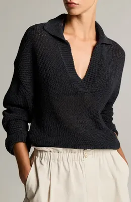 Vince Vince Coated Cotton Blend Polo Sweater in Ink — Women Winter black Tops