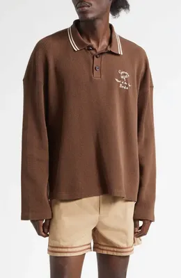 Bode Bode Geneva Waffle Knit Cotton Polo in Dark Brown — Men Autumn chocolate Tops