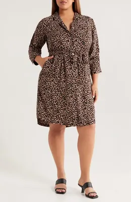 NIC+ZOE NIC+ZOE Abstract Animal Print Ruched Sleeve Trench Shirtdress in Brown Multi — Women Autumn brown Dresses