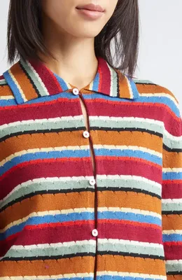 Bode Bode Starkey Stripe Cotton Cardigan in Multi — Women Autumn red Sweaters & Knits