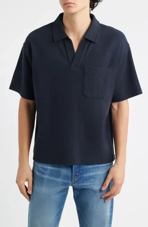 FRAME FRAME Textured Cotton Blend Polo in Dark Navy — Men Winter black Tops