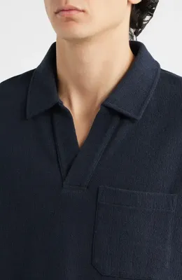 FRAME FRAME Textured Cotton Blend Polo in Dark Navy — Men Winter black Tops