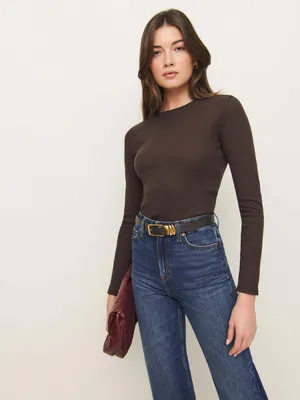 Reformation Reformation Davy Long Sleeve Crewneck T-Shirt Brown in Brown — Women Autumn chocolate Tops