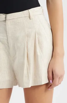 FRAME FRAME Belted Stripe Cotton & Linen Blend Shorts in Ecru Multi — Women Spring white Shorts