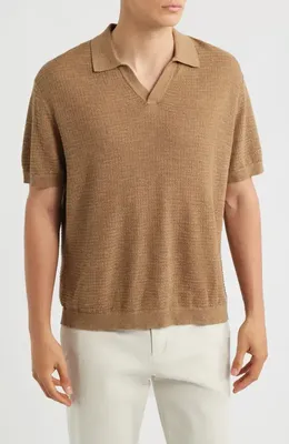 Theory Theory Brenan Linen Blend Polo in Fresh Khaki — Men Autumn camel Tops