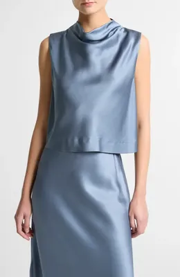 Vince Vince Cowl Neck Sleeveless Satin Top in Azul — Women Summer grey Tops