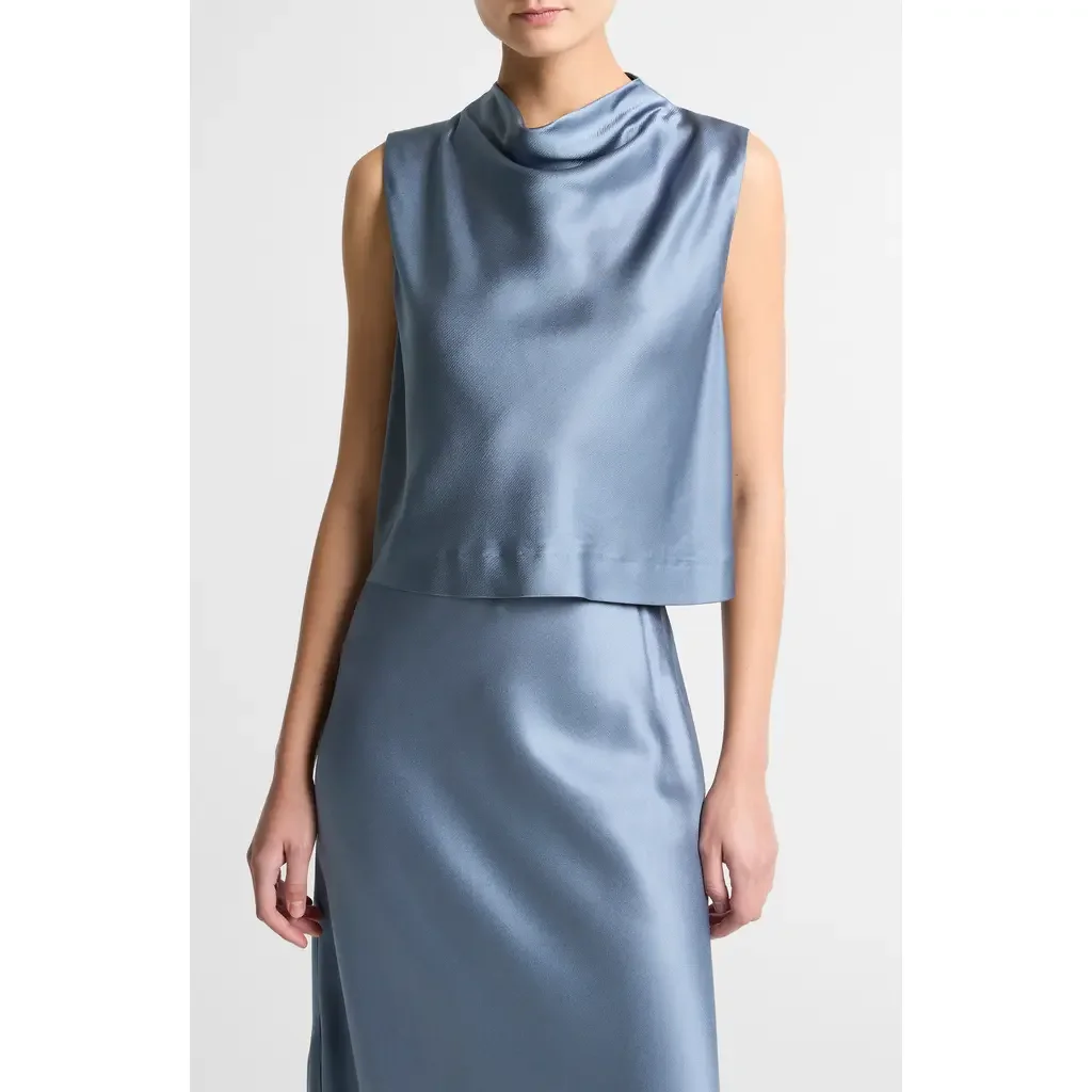 Vince Vince Cowl Neck Sleeveless Satin Top in Azul — Women Summer grey Tops