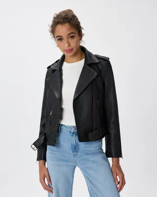 Quince Quince | Women's Motorcycle Jacket in True Black/Brass Trim — Women Winter black Outerwear