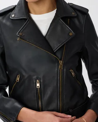 Quince Quince | Women's Motorcycle Jacket in True Black/Brass Trim — Women Winter black Outerwear