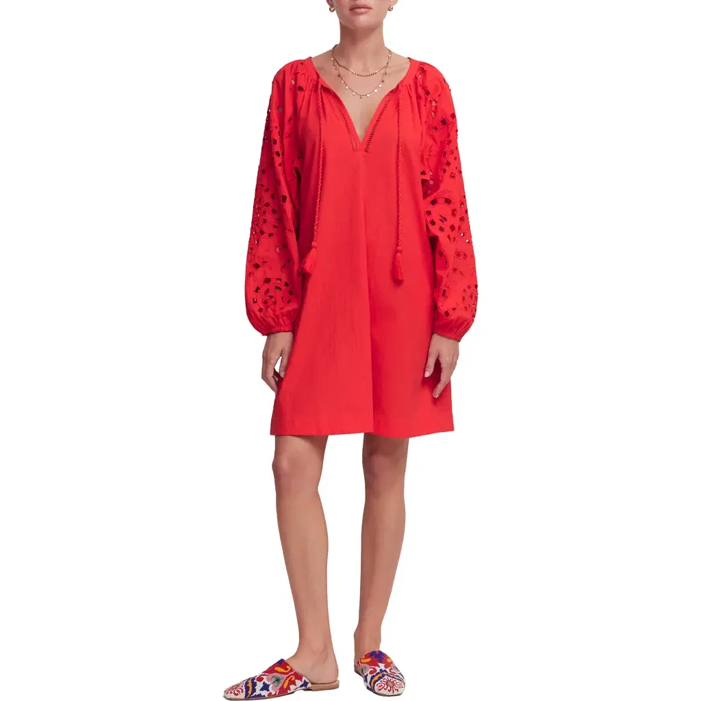 Boden Boden Embroidered Long Sleeve Cotton Caftan in Red Embroiderie — Women Autumn red Dresses