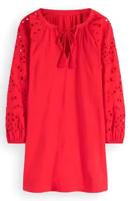 Boden Boden Embroidered Long Sleeve Cotton Caftan in Red Embroiderie — Women Autumn red Dresses