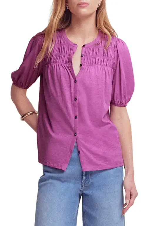 Boden Boden Mya Smocked Short Sleeve Button-Up Shirt in Mulberry — Women Spring grey Tops