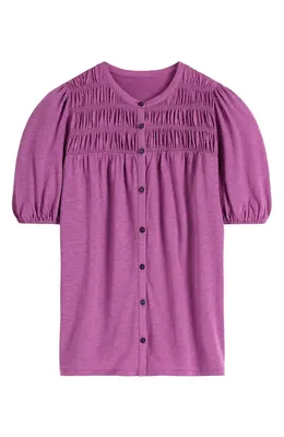 Boden Boden Mya Smocked Short Sleeve Button-Up Shirt in Mulberry — Women Spring grey Tops