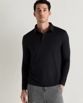 Quince Quince | Men's Flowknit Breeze Performance Long Sleeve Polo in True Black — Men Winter black Athletic Tops