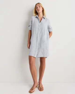 Quince Quince | Women's 100% European Linen Shirt Dress in Blue Pinstripe — Women Summer silver Dresses