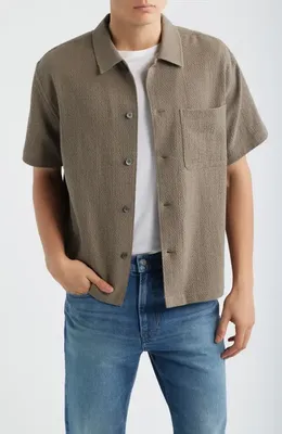 FRAME FRAME Open Weave Short Sleeve Cotton Blend Button-Up Shirt in Warm Grey — Men Autumn grey Tops