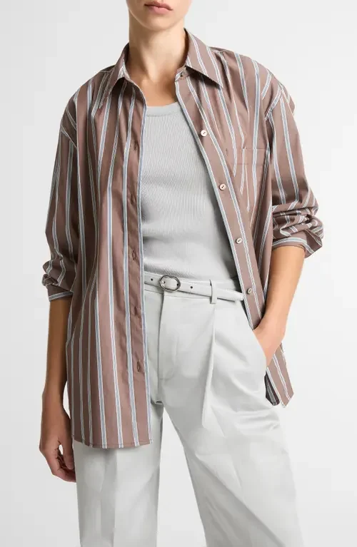 Vince Vince Stripe Cotton Blend Button-Up Shirt in Brown Multi — Women Autumn grey Tops