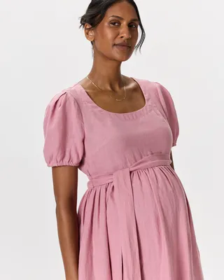 Quince Quince | Women's 100% European Linen Maternity Short Sleeve Midi Dress in Mauve Mist — Women Summer pink Midi Dresses