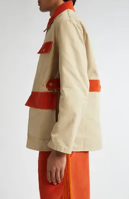 Bode Bode Corduroy Trim Cotton Twill Hunting Jacket in Multicolor — Men Autumn ivory Outerwear