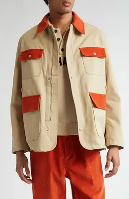 Bode Bode Corduroy Trim Cotton Twill Hunting Jacket in Multicolor — Men Autumn ivory Outerwear