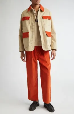 Bode Bode Corduroy Trim Cotton Twill Hunting Jacket in Multicolor — Men Autumn ivory Outerwear