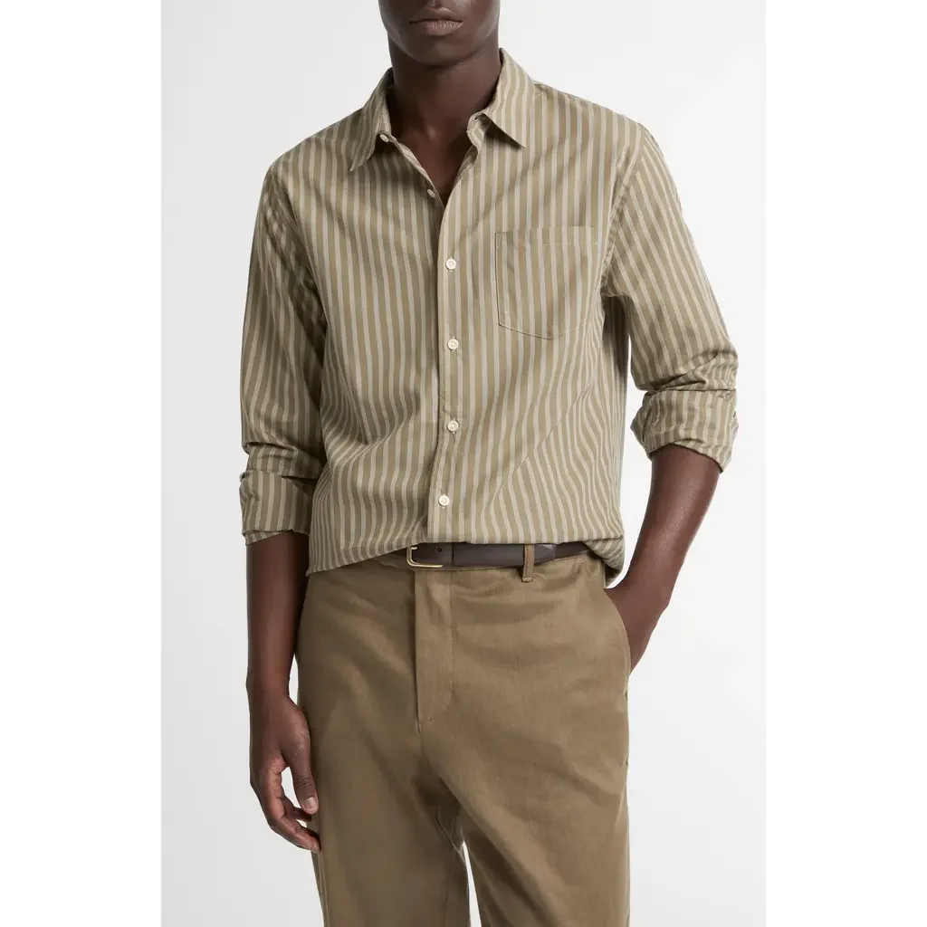 Vince Vince Tryon Stripe Button-Up Shirt in Kalamata/smock White — Men Autumn beige Tops