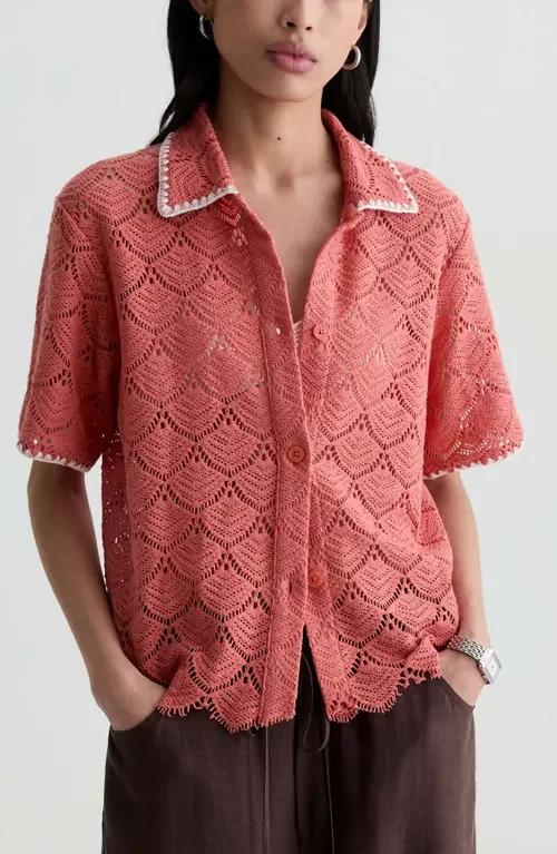AG AG Kaylee Open Stitch Button-Up Shirt in Orange Spritz — Women Autumn coral Tops