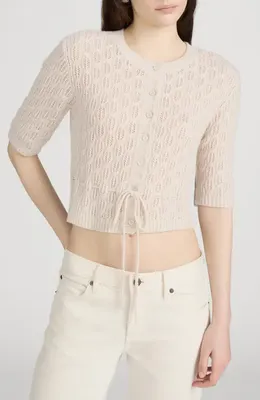 FRAME FRAME The Clover Tie Waist Crop Wool & Cashmere Cardigan in Oatmeal Heather — Women Autumn beige Tops