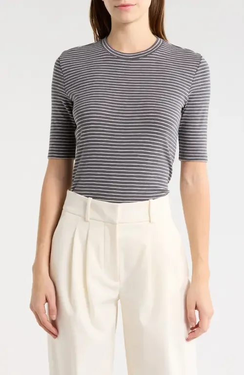 Vince Vince Stripe Elbow Sleeve Cotton Blend Knit Top in Oceana Combo — Women Summer brown Tops