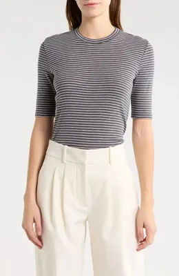 Vince Vince Stripe Elbow Sleeve Cotton Blend Knit Top in Oceana Combo — Women Summer brown Tops